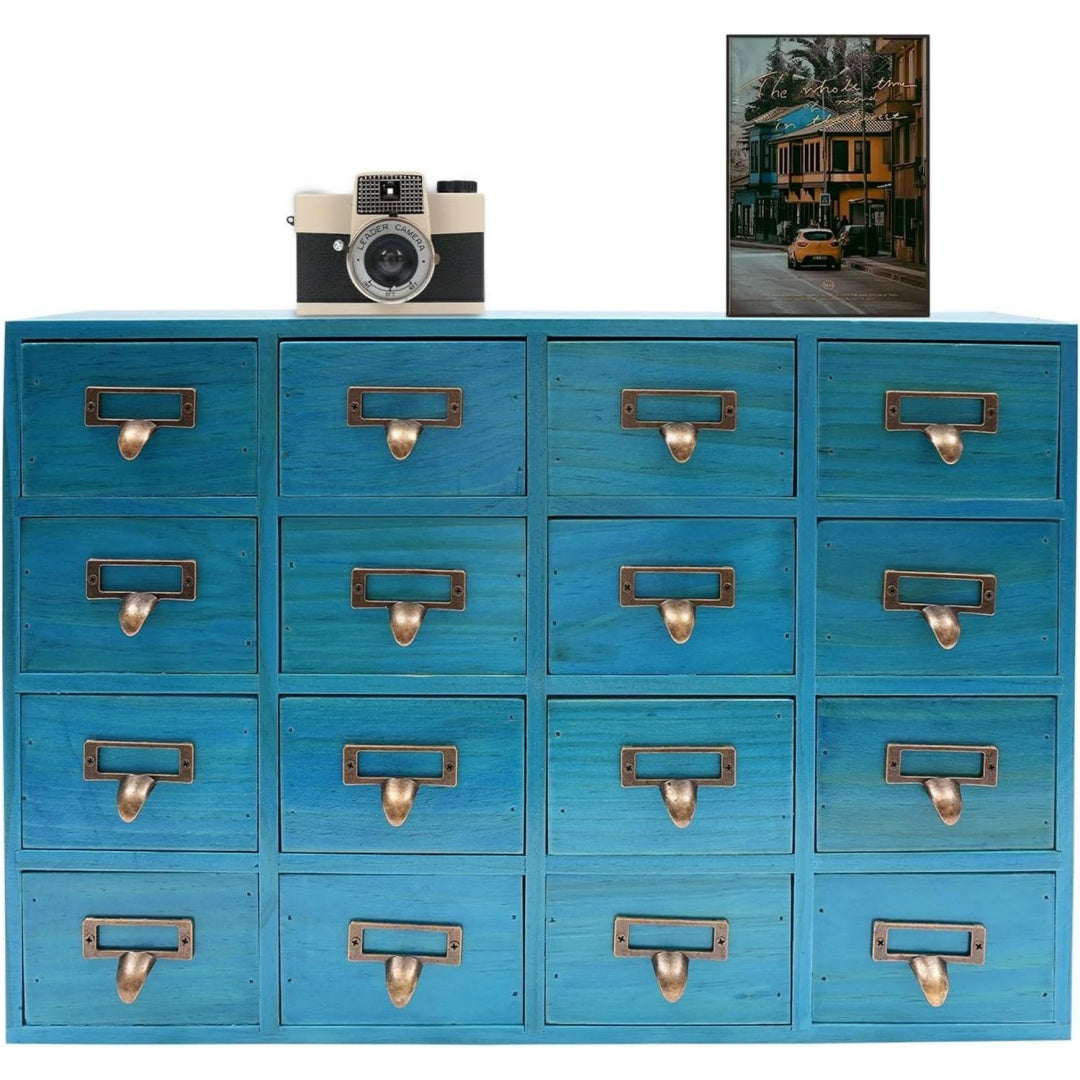 Armoire medicale esprit rustique bleu en bois, avec prises USB