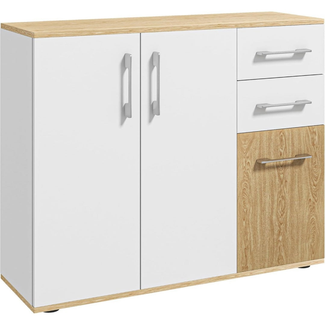 Rangement malin gris clair, credence a 3 portes 2 tiroirs 3 etageres