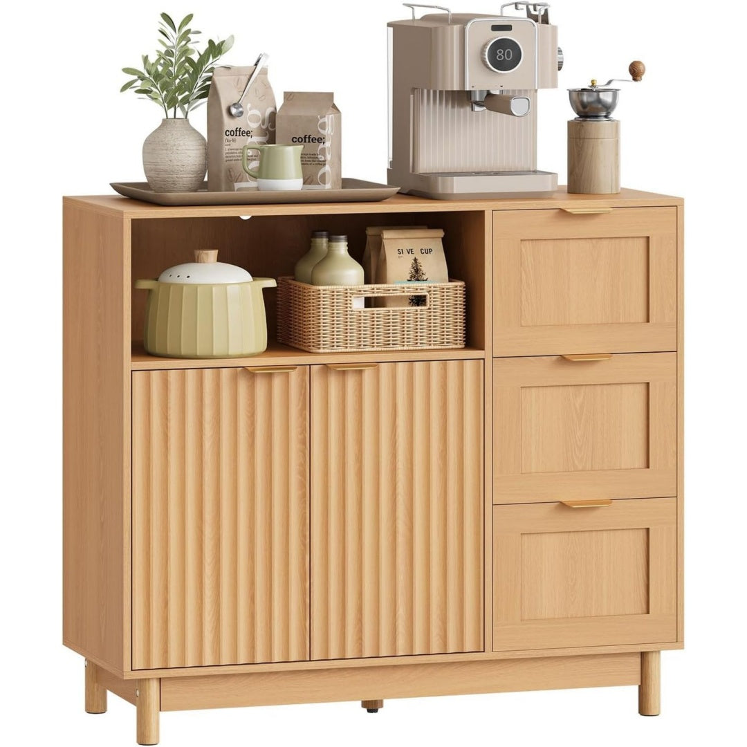 Credence marron etageres reglables a 1 porte 3 tiroirs bois ingenierie