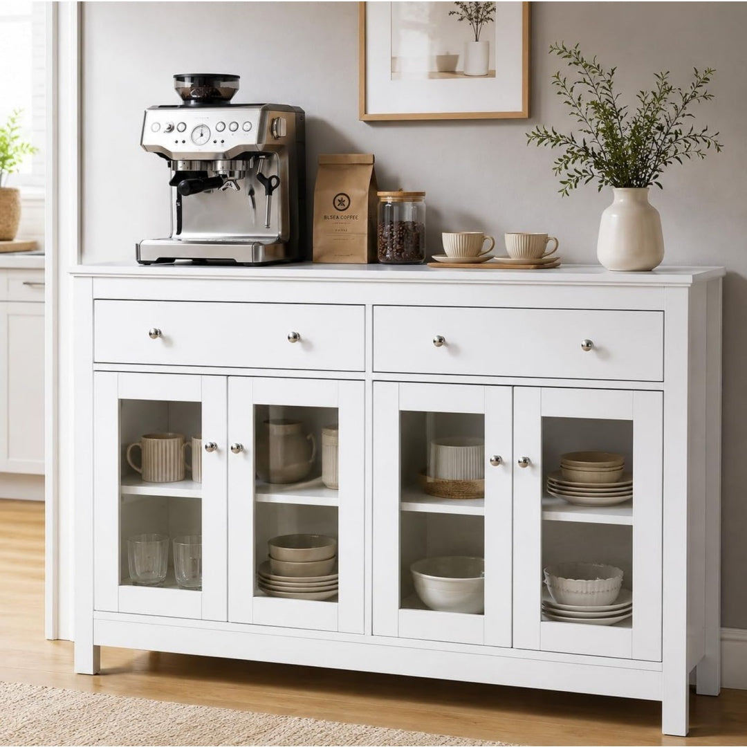 Buffet en verre trempe, gris clair, contemporain (40 x 140 x 90 cm)
