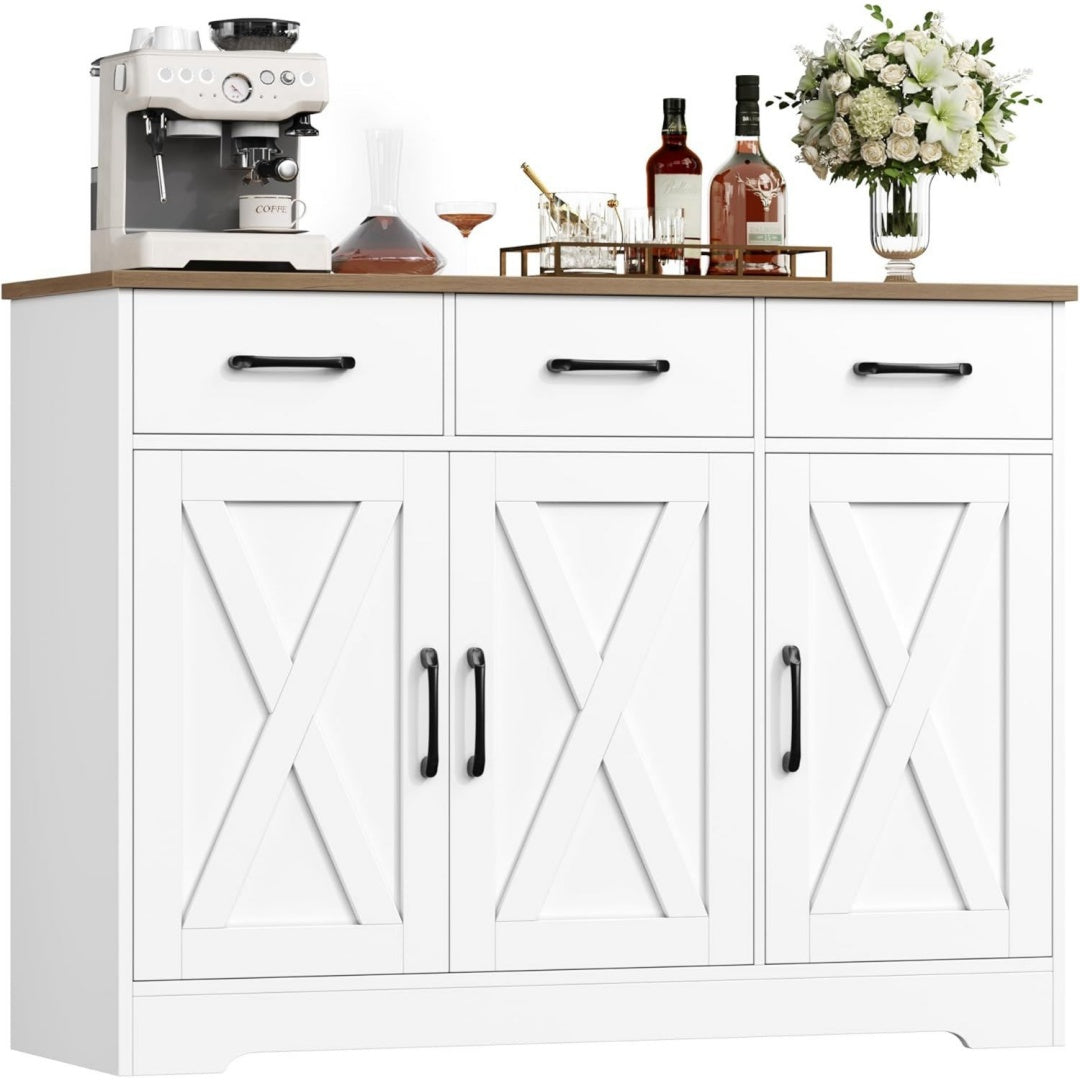 Enfilade etageres reglables gris clair, a 3 portes 3 tiroirs design moderne