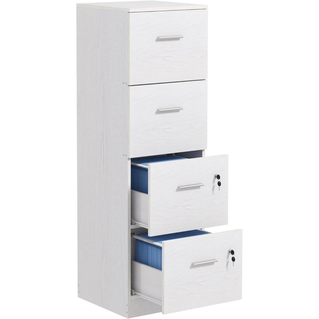 Armoire en bois teinte gris clair, quatre tiroirs