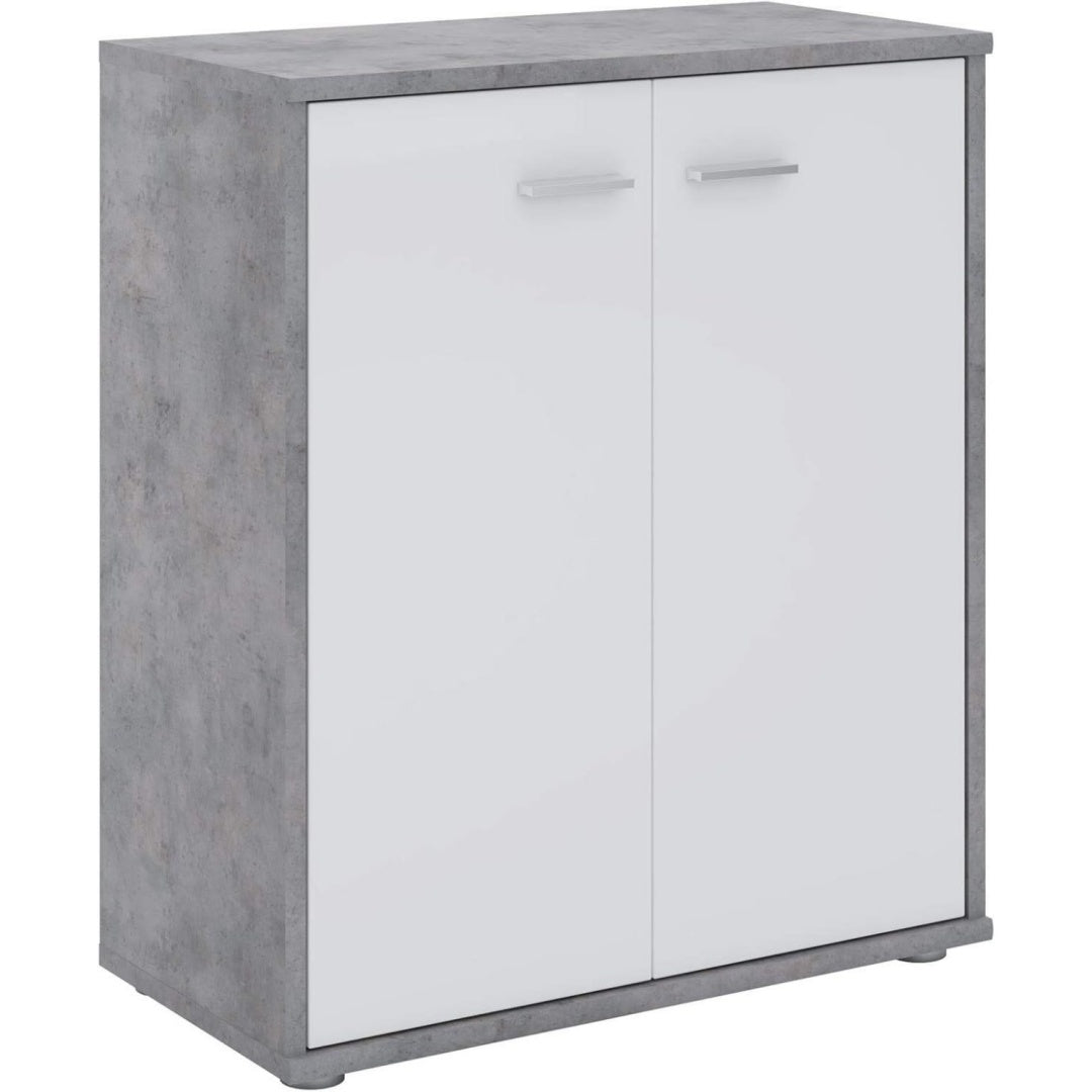 Commode en MDF teinte gris clair, deux portes