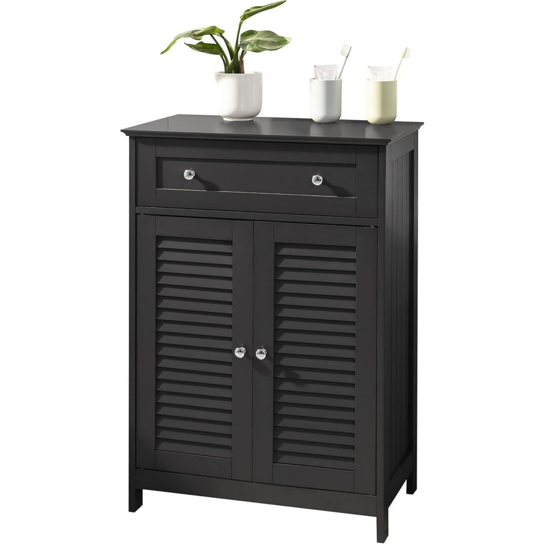 Discret, Bahut sur pied noir en bois 2 portes 1 tiroir