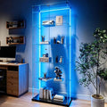 Vitrine bleu fonce, structure robuste, deux portes, cinq etageres