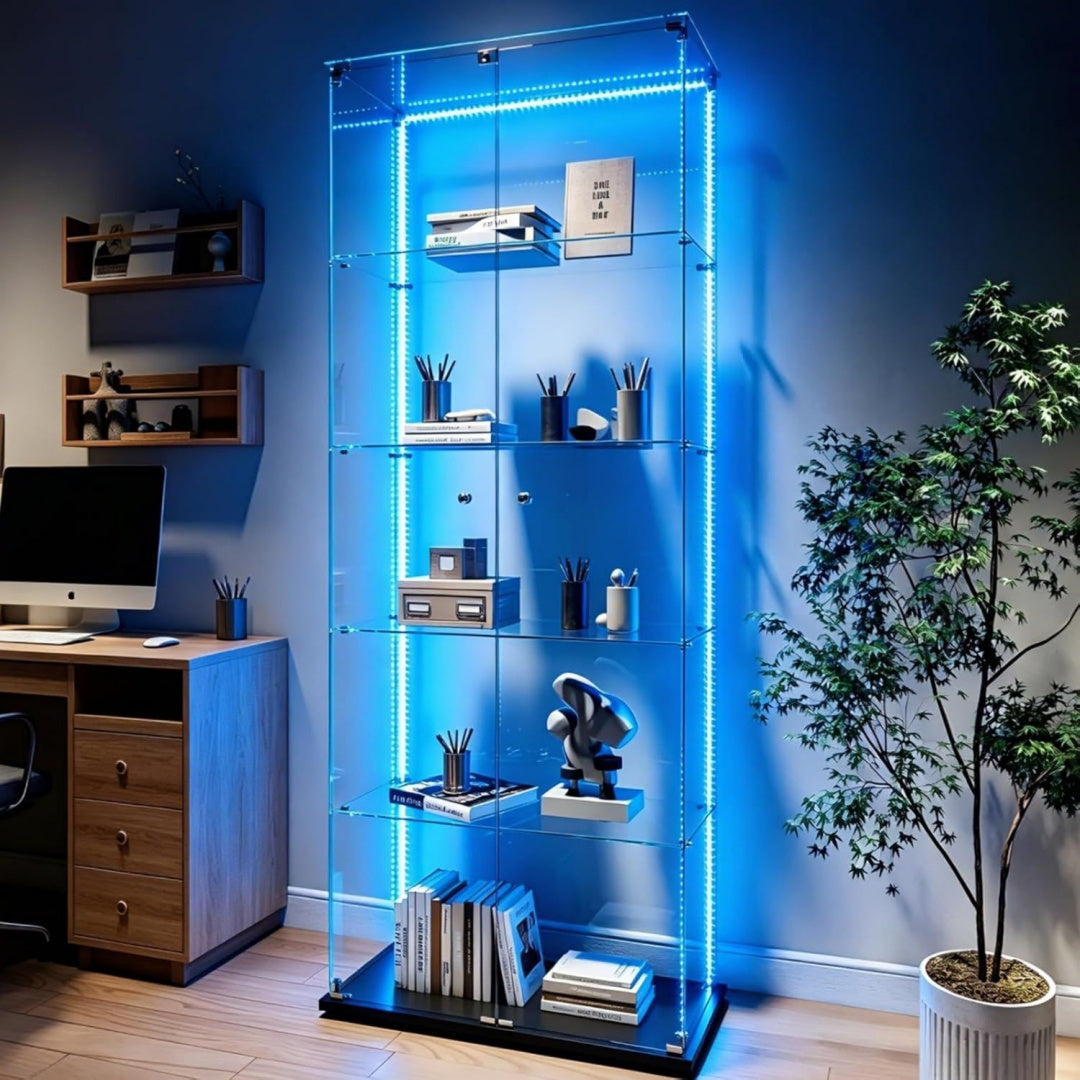 Vitrine bleu fonce, structure robuste, deux portes, cinq etageres